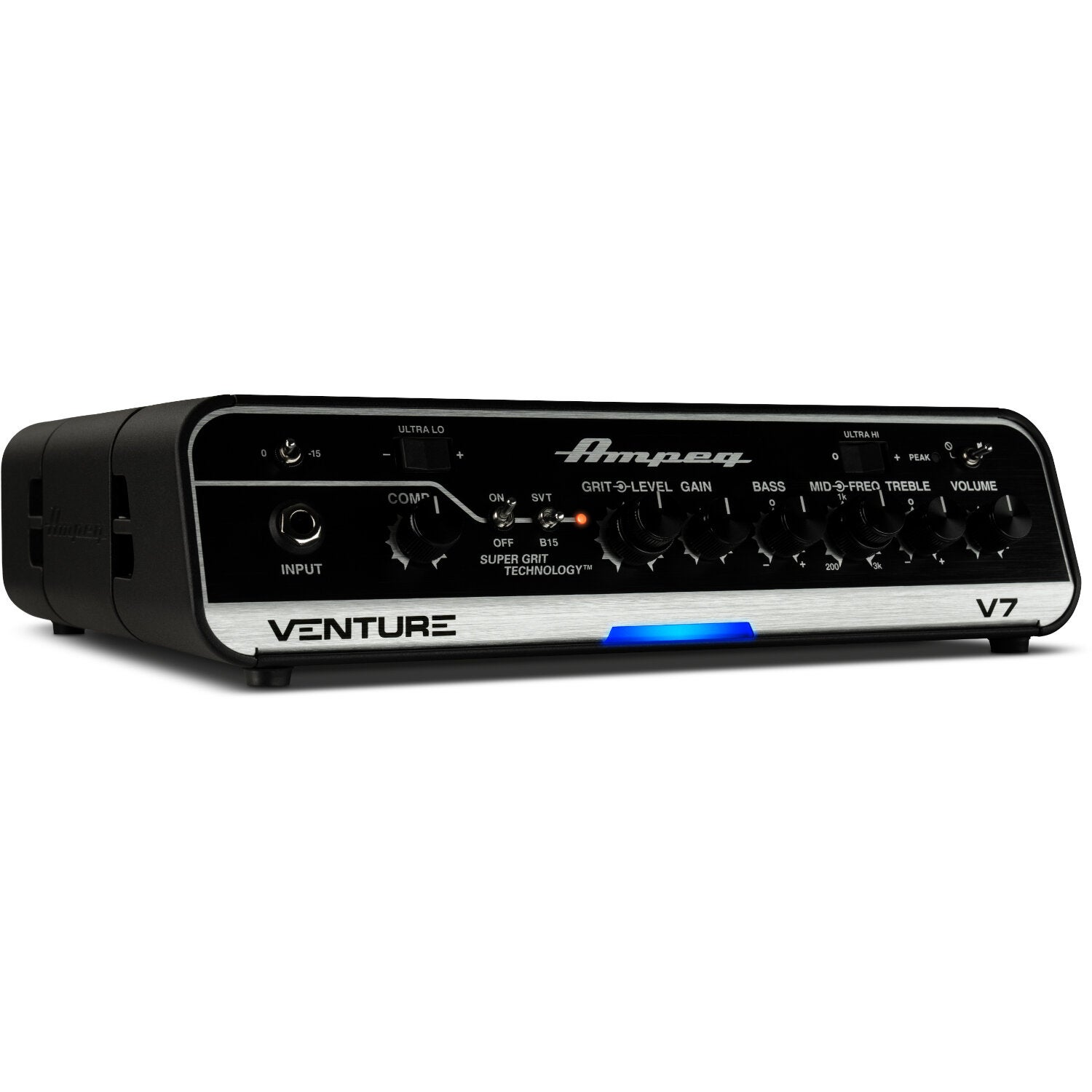 Zwarte Ampeg V7 basversterker met zilver bedieningspaneel en blauwe LED.