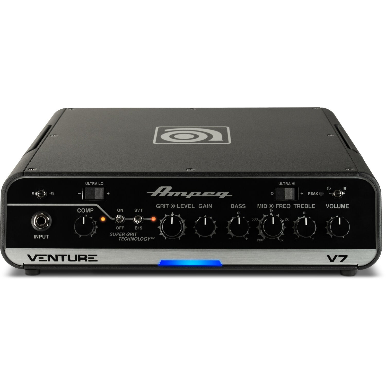 Zwarte Ampeg Venture V7 basversterker met knoppen en een blauwe LED-lichtstrip.
