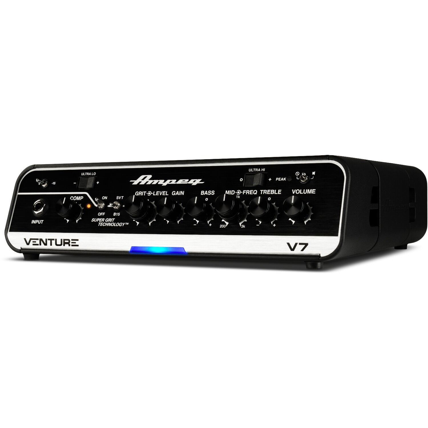 Zwarte Ampeg V7 gitaarversterkerkop met knoppen en regelaars: Ultra Lo, Grit, Bass, Treble, Volume.