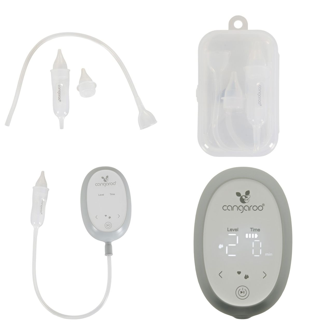 Einige Cangaroo-Babyprodukte: ein Nasensauger, ein Aufbewahrungskoffer und zwei digitale Steuergeräte.