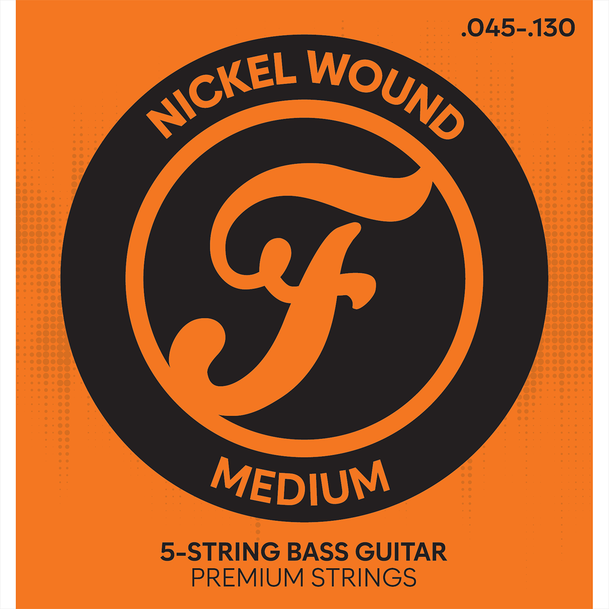 Oranje achtergrond met zwarte cirkel. Binnenin een grote oranje 'F' en tekst: Nickel Wound, Medium, 5-String Bass Guitar Premium Strings.