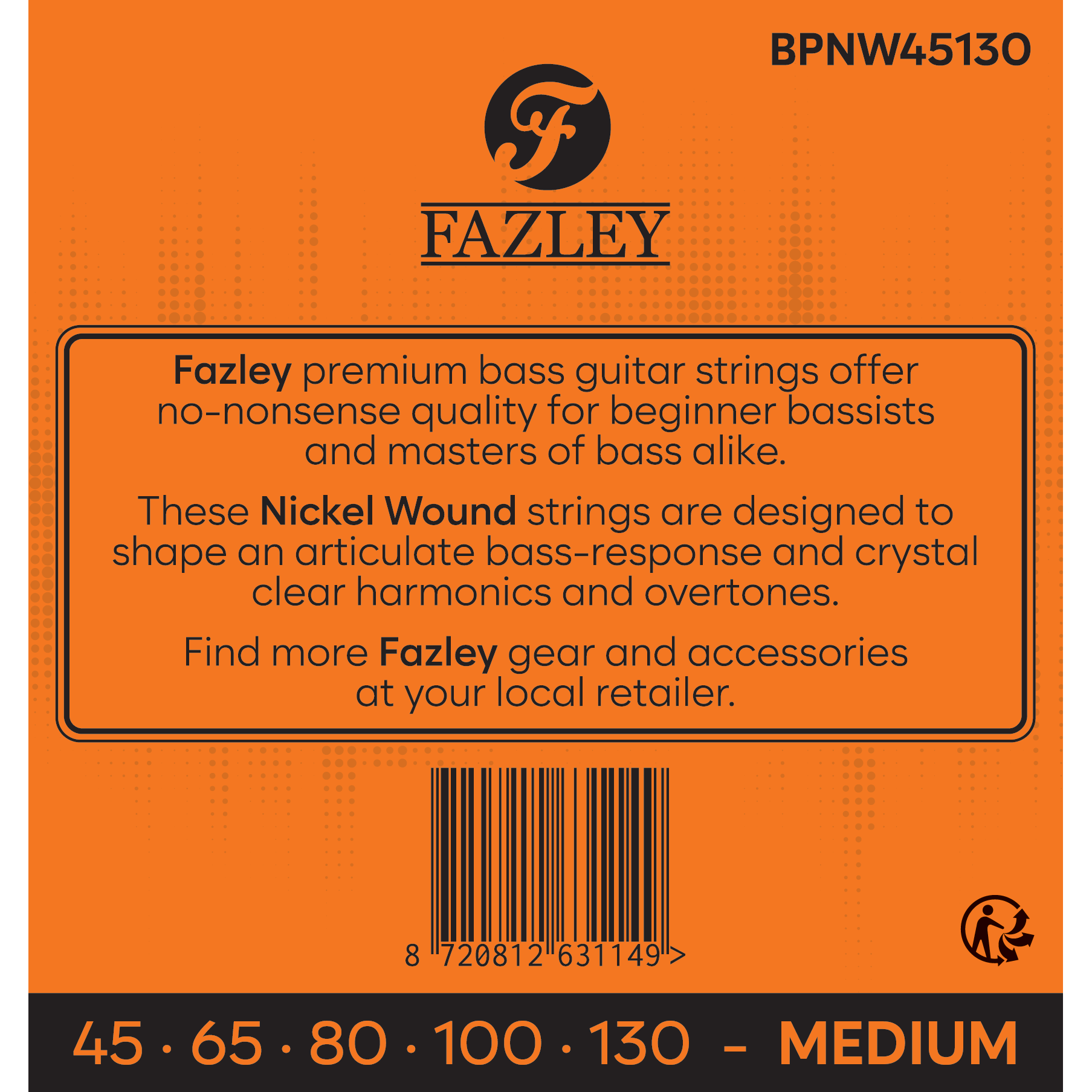 Fazley basgitaarsnaren met logo, barcode en maat op oranje achtergrond.