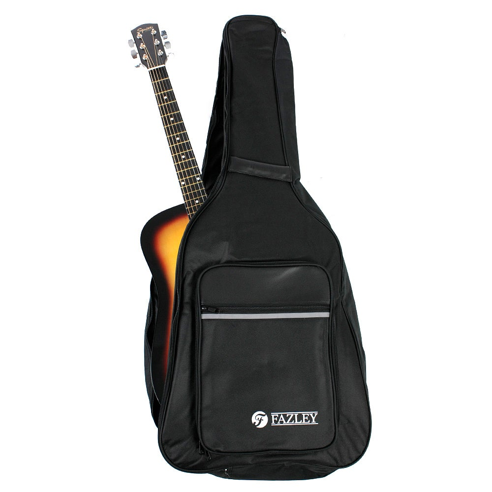 A sunburst acoustic guitar is partially in a black gig bag with a Fazley logo.