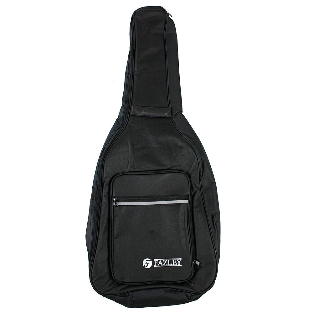 Black guitar case with a front pocket and Fazley logo.