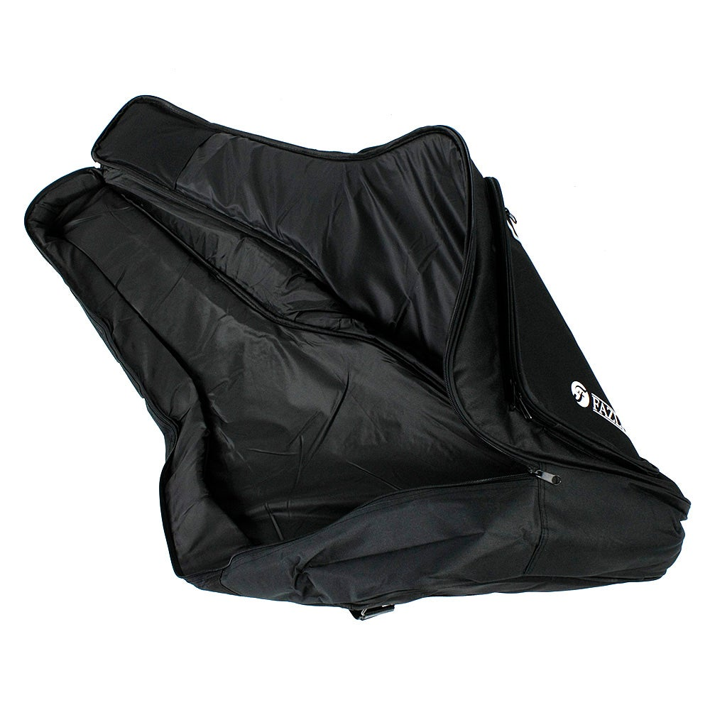 An open, padded black backpack or bag with zipper.