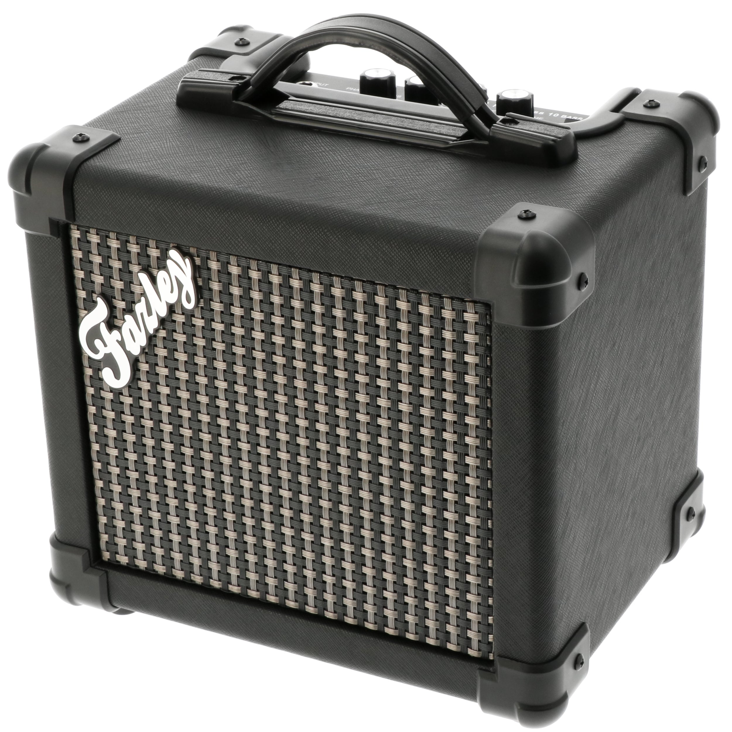 Zwarte gitaarversterker met stoffen grille en wit logo.