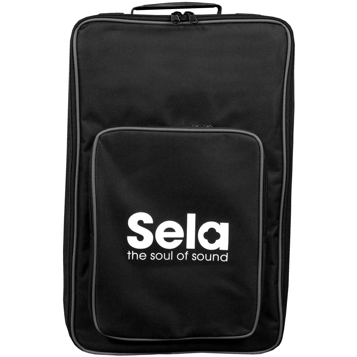 Zwarte tas met grijze bies en Sela-logo.