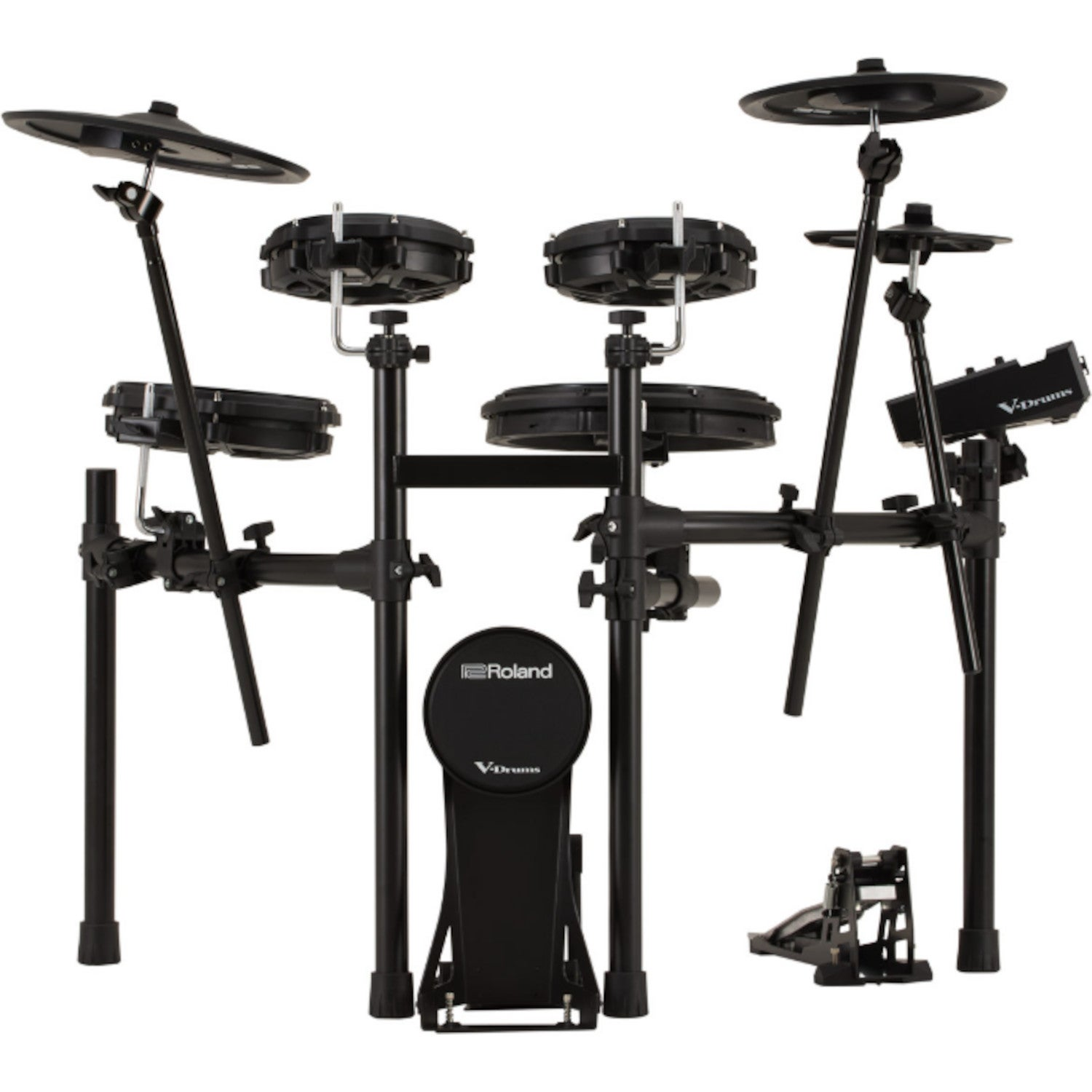 A black Roland V-Drums electronic drum kit with cymbals, toms, and pedals.