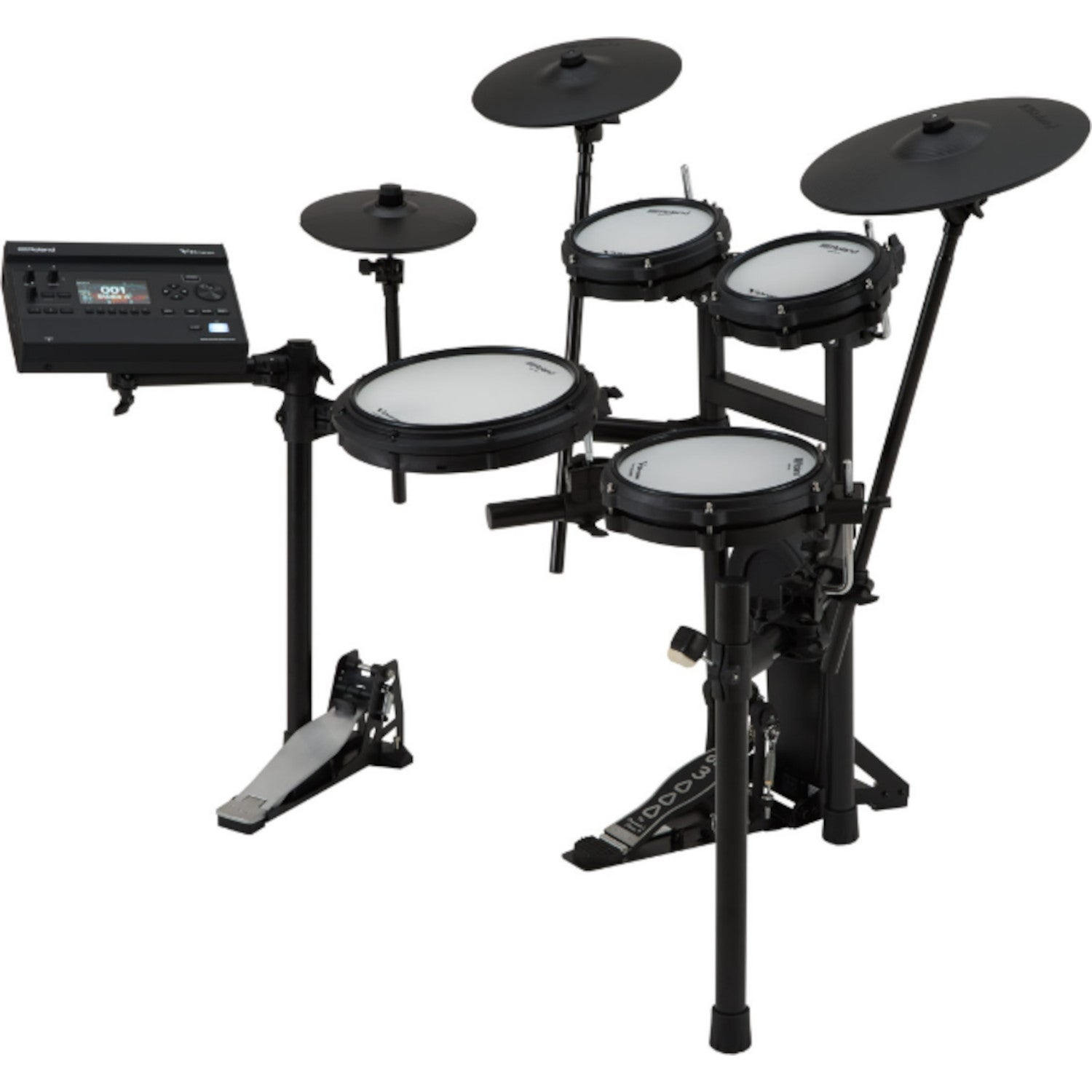A digital drum kit with pads, cymbals, a module, and pedals on a white background.