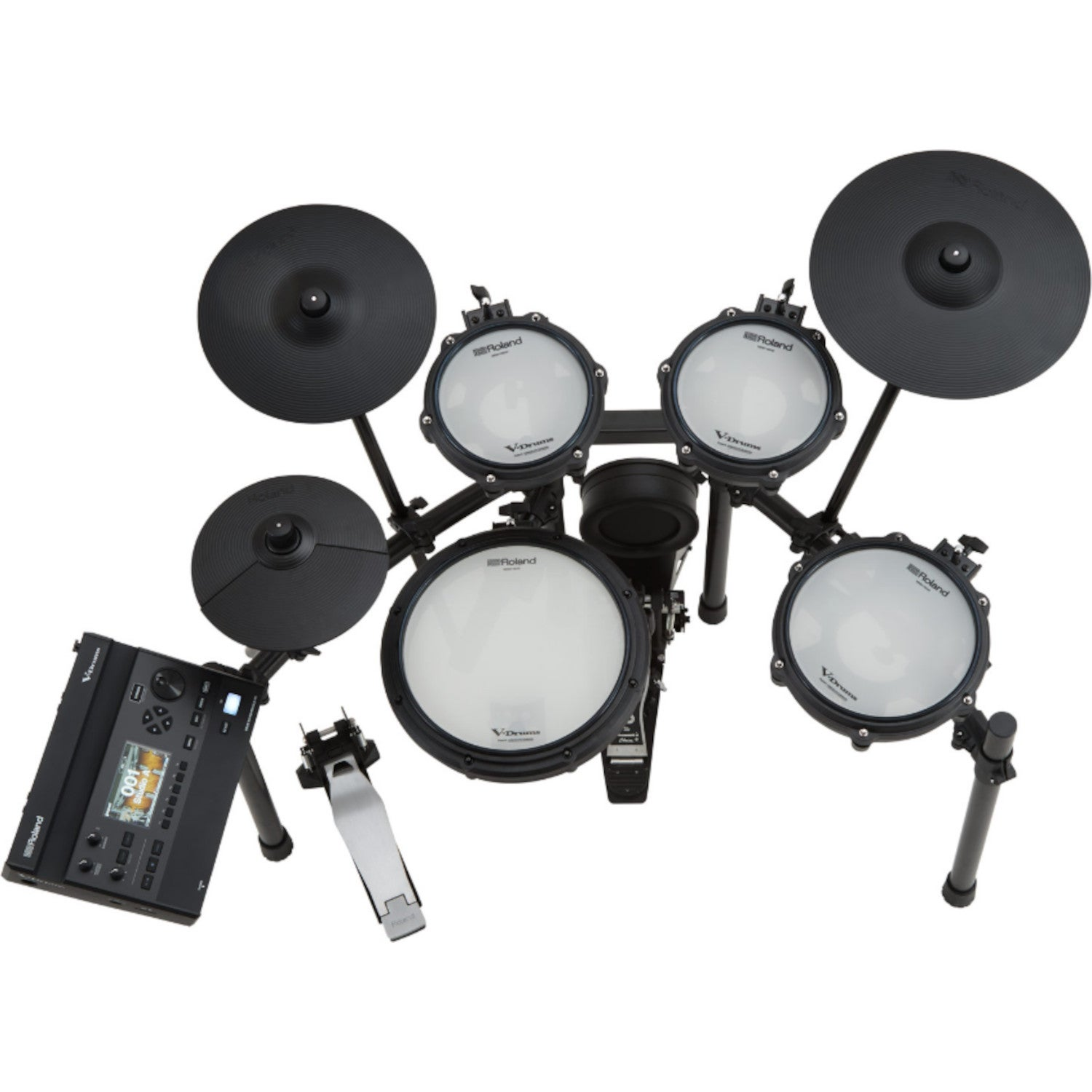 A Roland V-Drums electronic drum kit with pads, cymbals, module, and pedal.