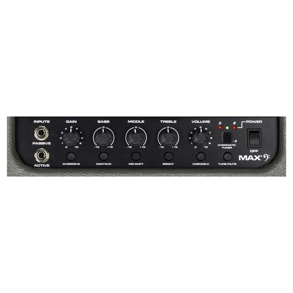 Basversterker bedieningspaneel met knoppen voor ingangen, gain, bas, midden, treble en volume.