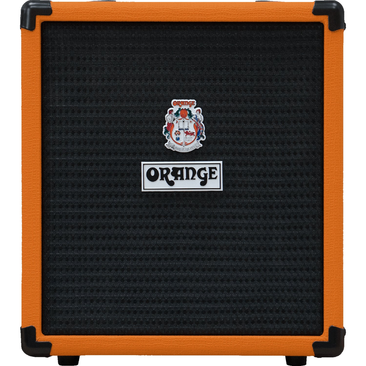 Een oranje luidsprekerkast met zwart rooster en Orange logo.