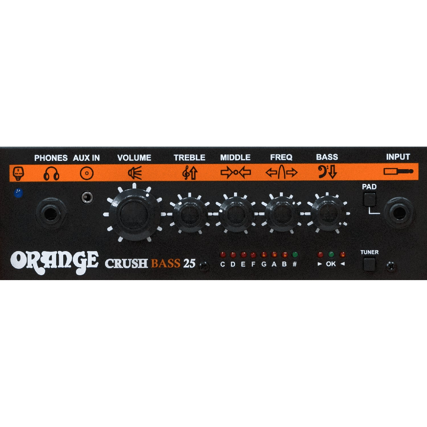 Orange Crush Bass 25 versterker frontpaneel met knoppen, knoppen en jack-ingangen.