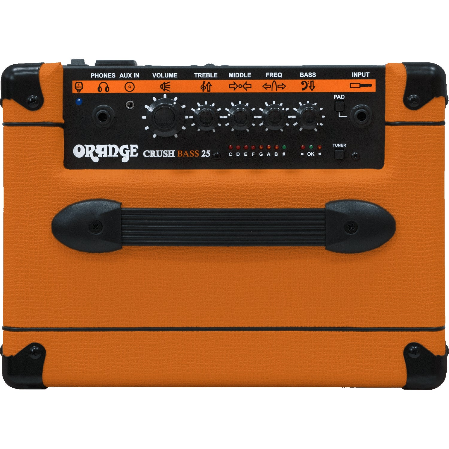Orange Crush Bass 25 gitaarversterker met zilveren knoppen en zwart handvat.