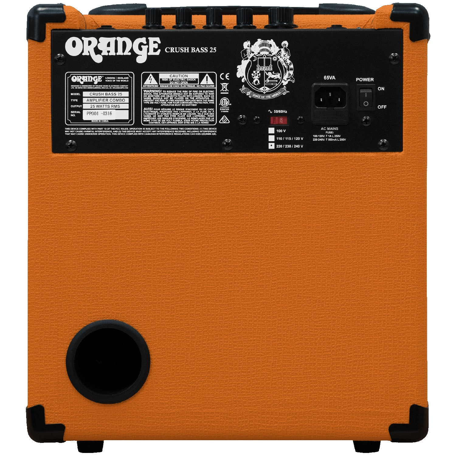 Achterkant van een oranje Orange Crush Bass 25 versterker met poorten en labels.