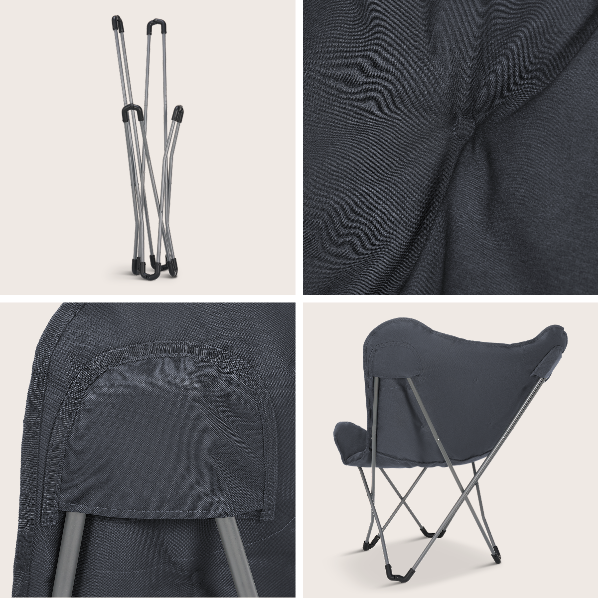Gray butterfly chair, shown folded and in detail.