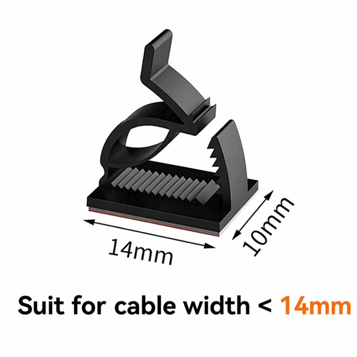 Schwarzer Kabelclip mit Klebeband, 14mm breit, 10mm hoch.