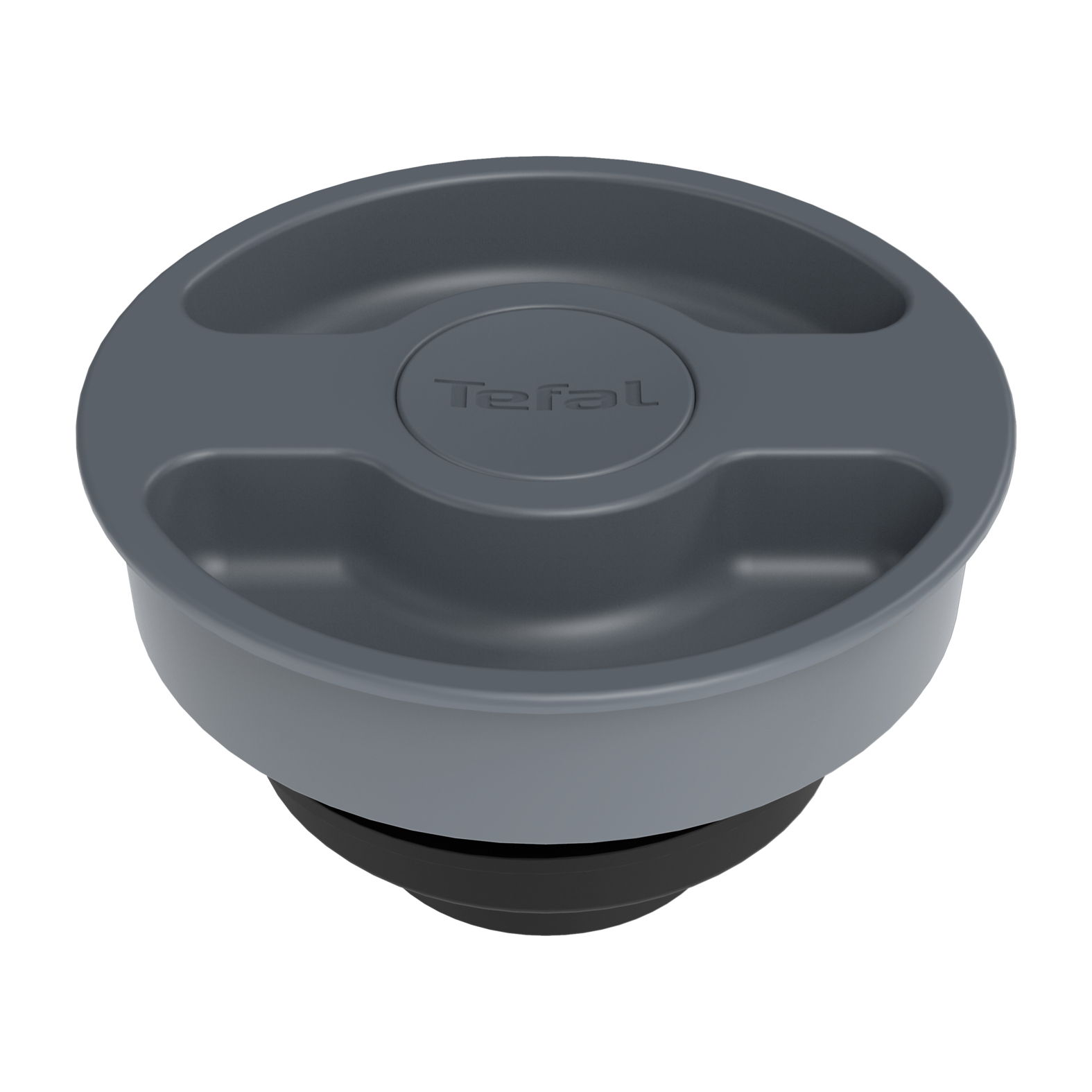 Tapa Tefal gris con hendiduras y base negra, aislada sobre blanco.