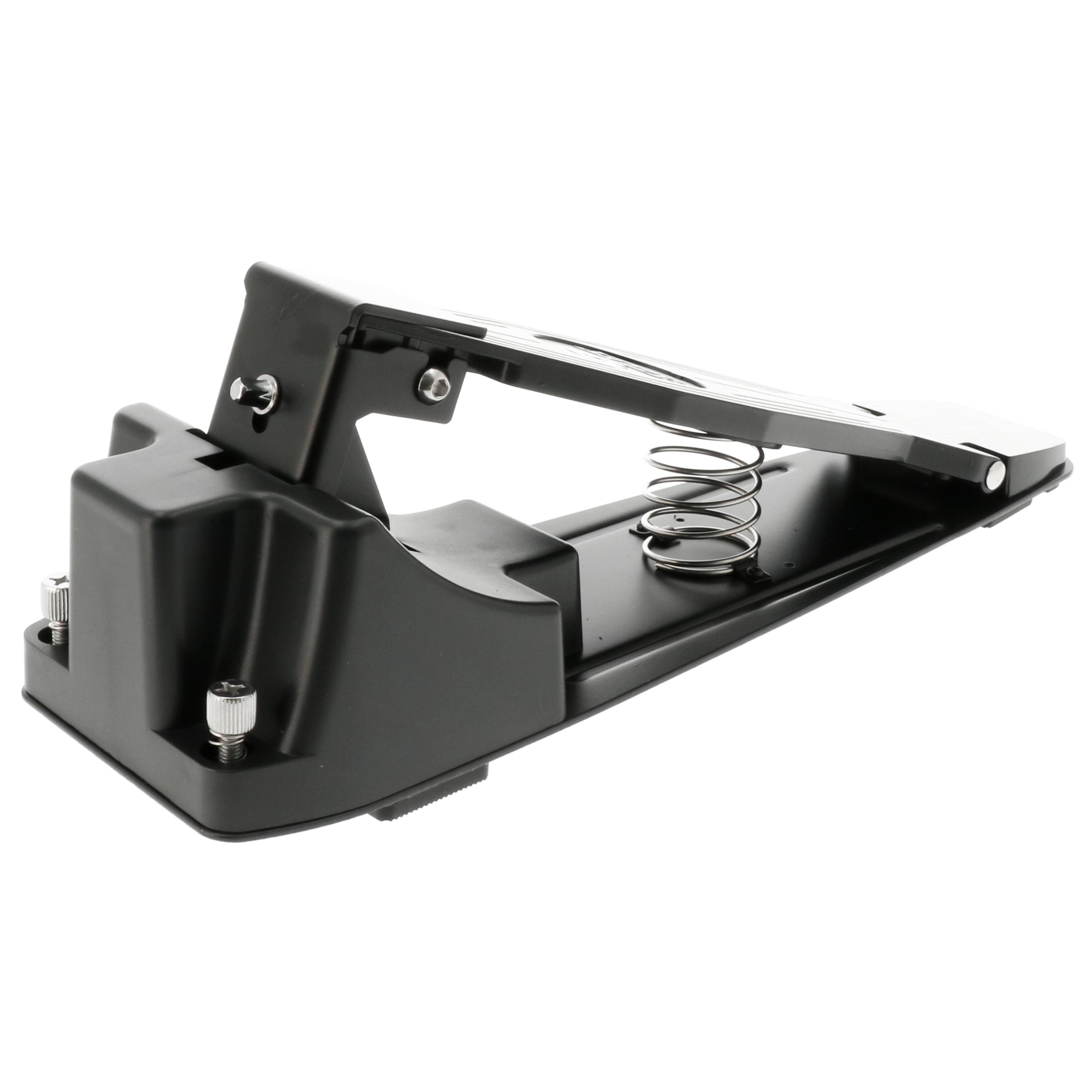 Een zwart drumstelpedaal met veren en metalen schroeven op witte achtergrond.