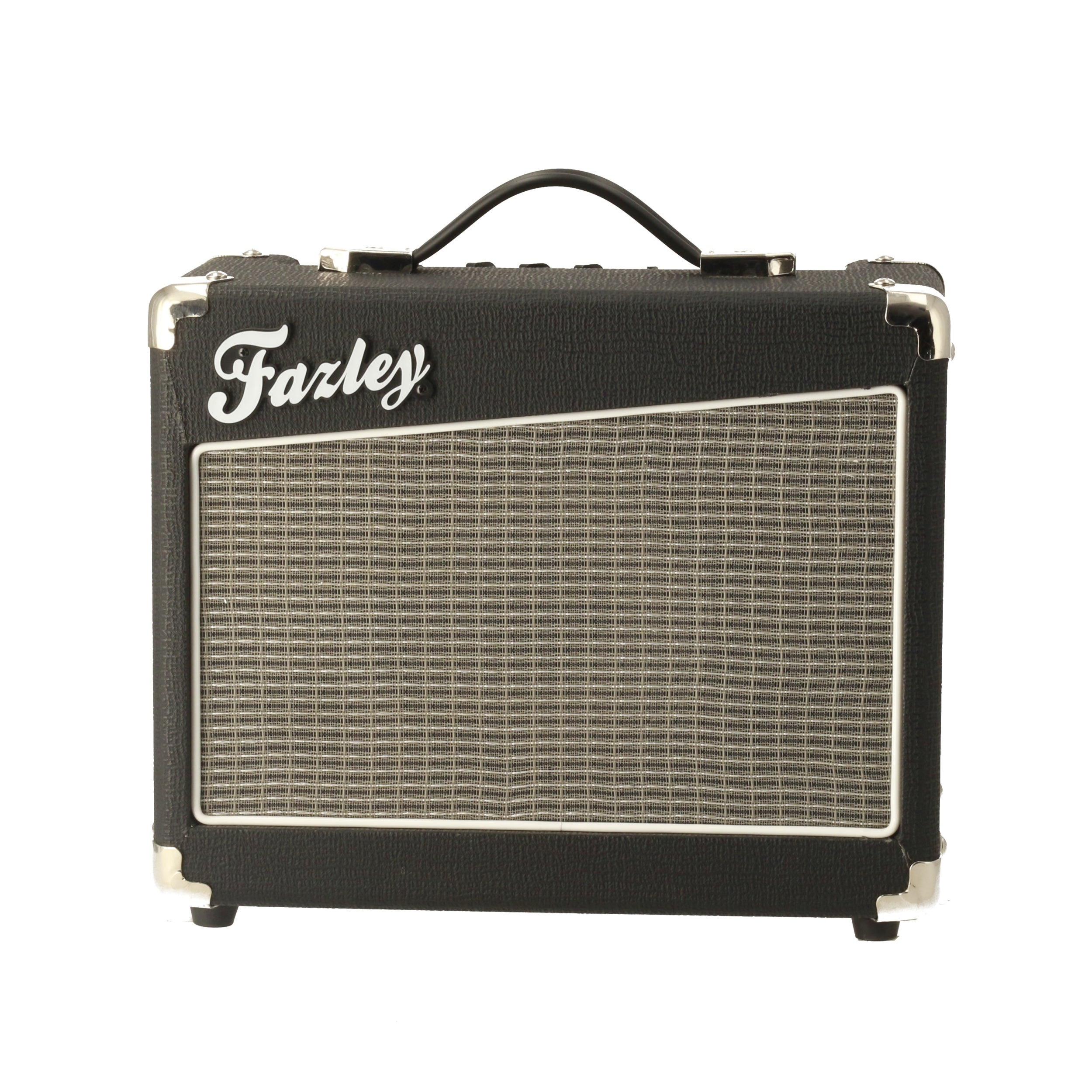 Kleine zwarte gitaarversterker met zilveren speakergrill en Fazley-logo.