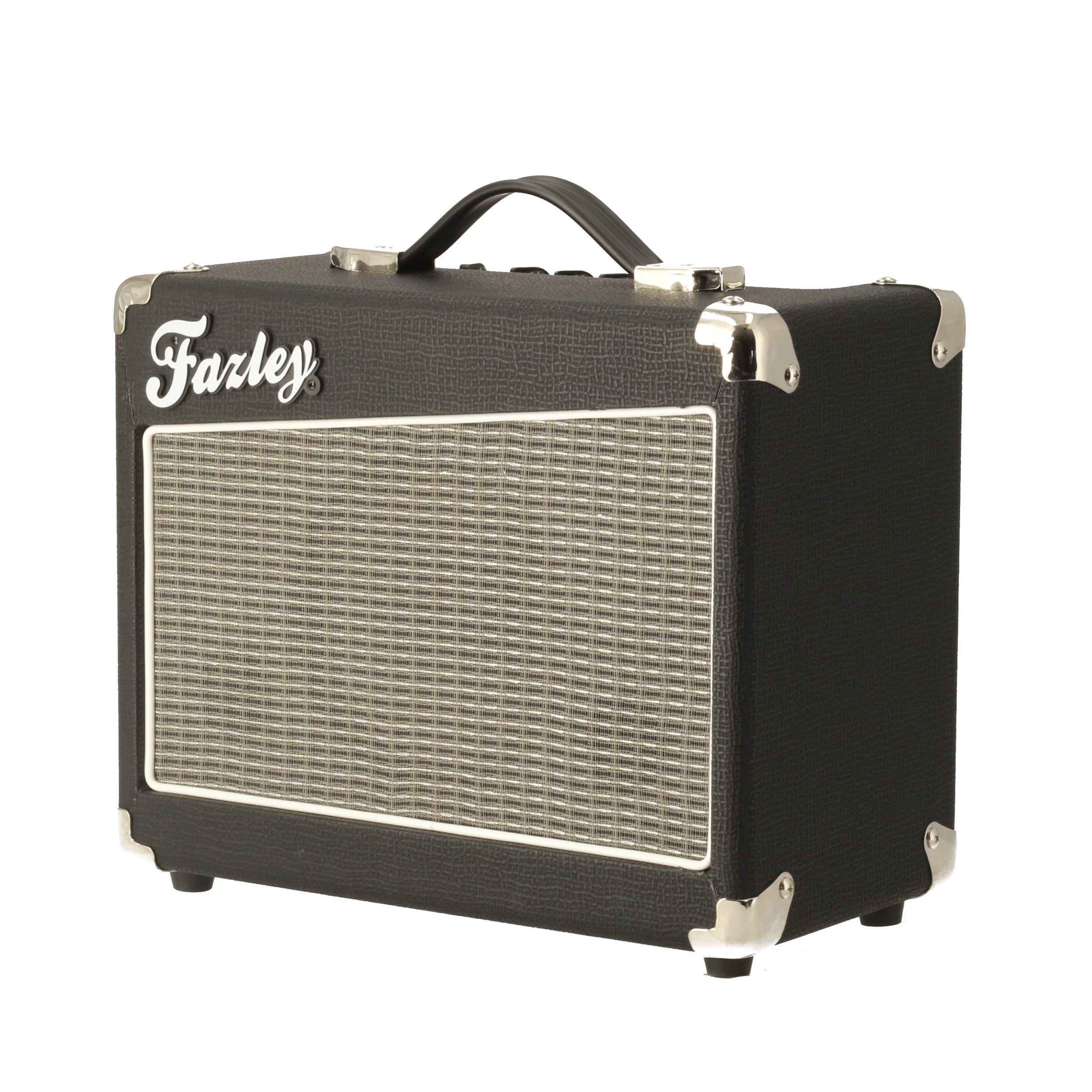 Zwarte gitaarversterker met zilveren speakergrill en 'Farley'-logo.