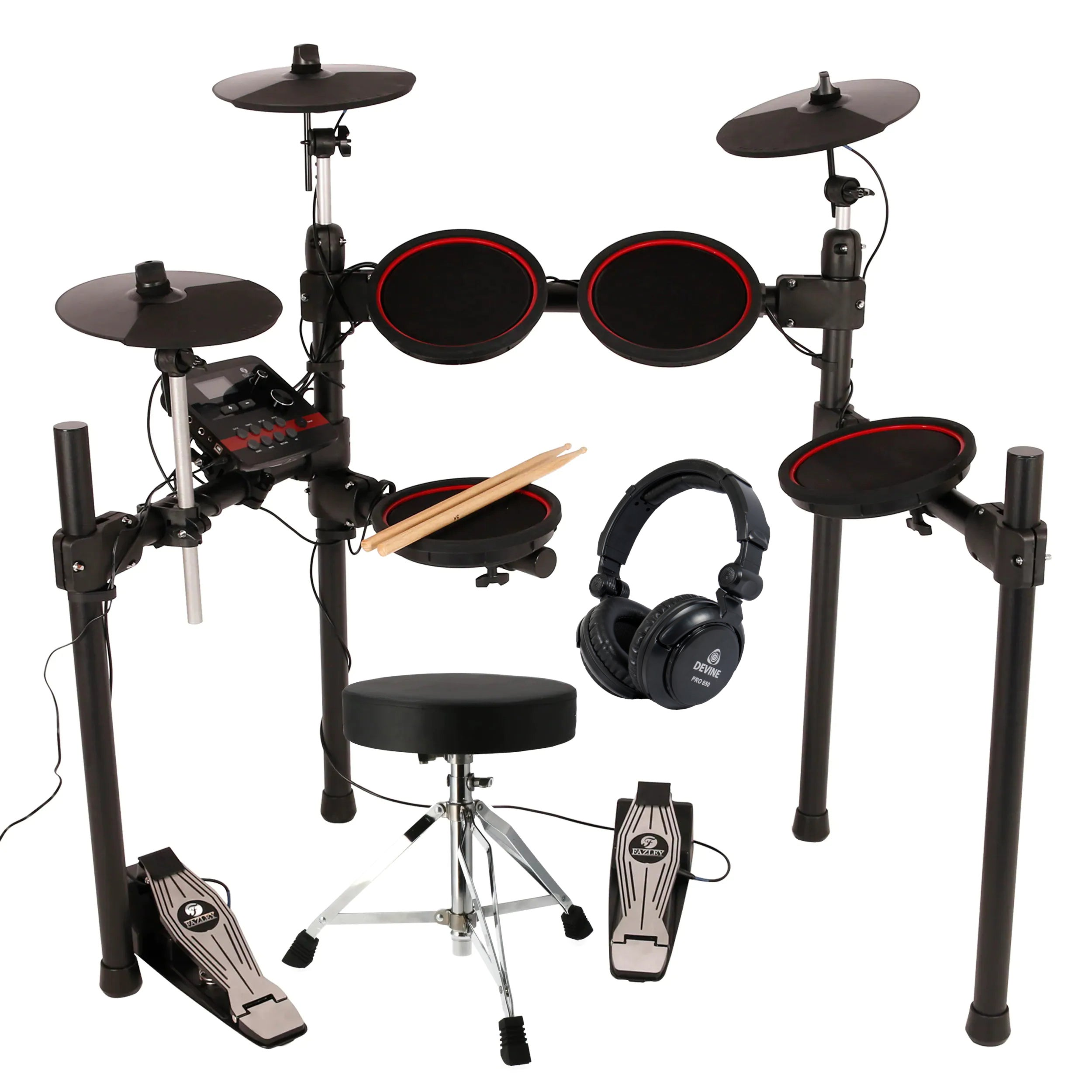 Een zwarte elektronische drumstel met twee snaredrums, cimbalen, kruk, koptelefoon en pedalen.