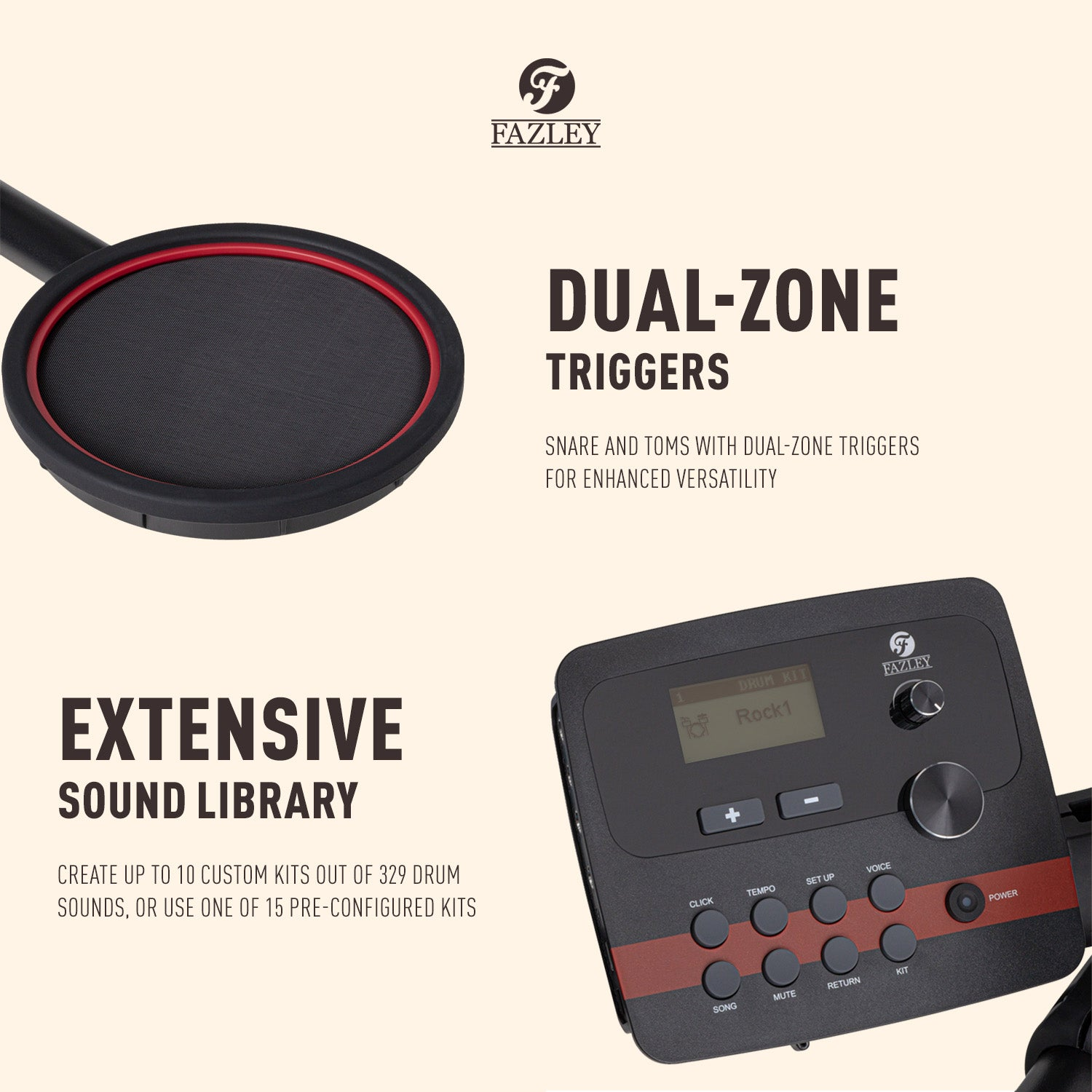 Een drumstelpad met een rode rand en een drummodule met knoppen en een display.