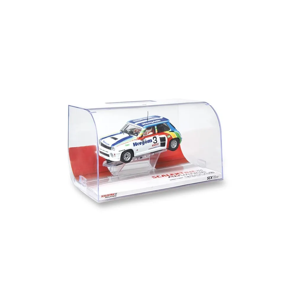 Un coche de carreras blanco con librea azul y verde y el número 3 en una caja de plástico transparente.