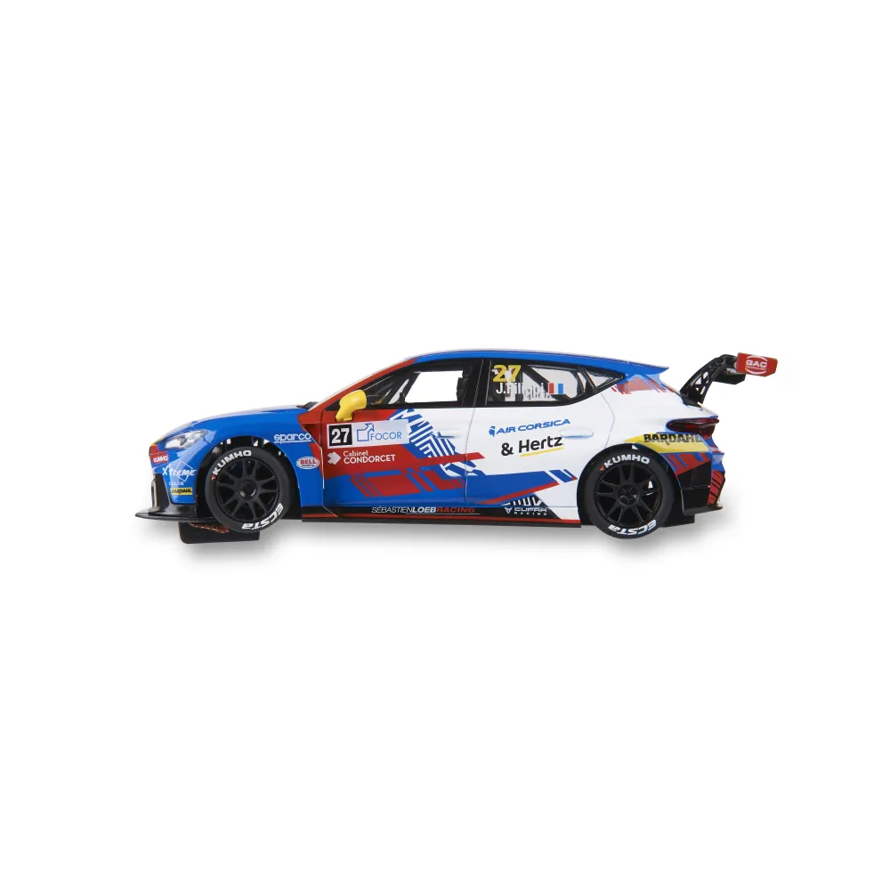 Un coche de carreras azul, blanco y rojo con logotipos de patrocinadores.