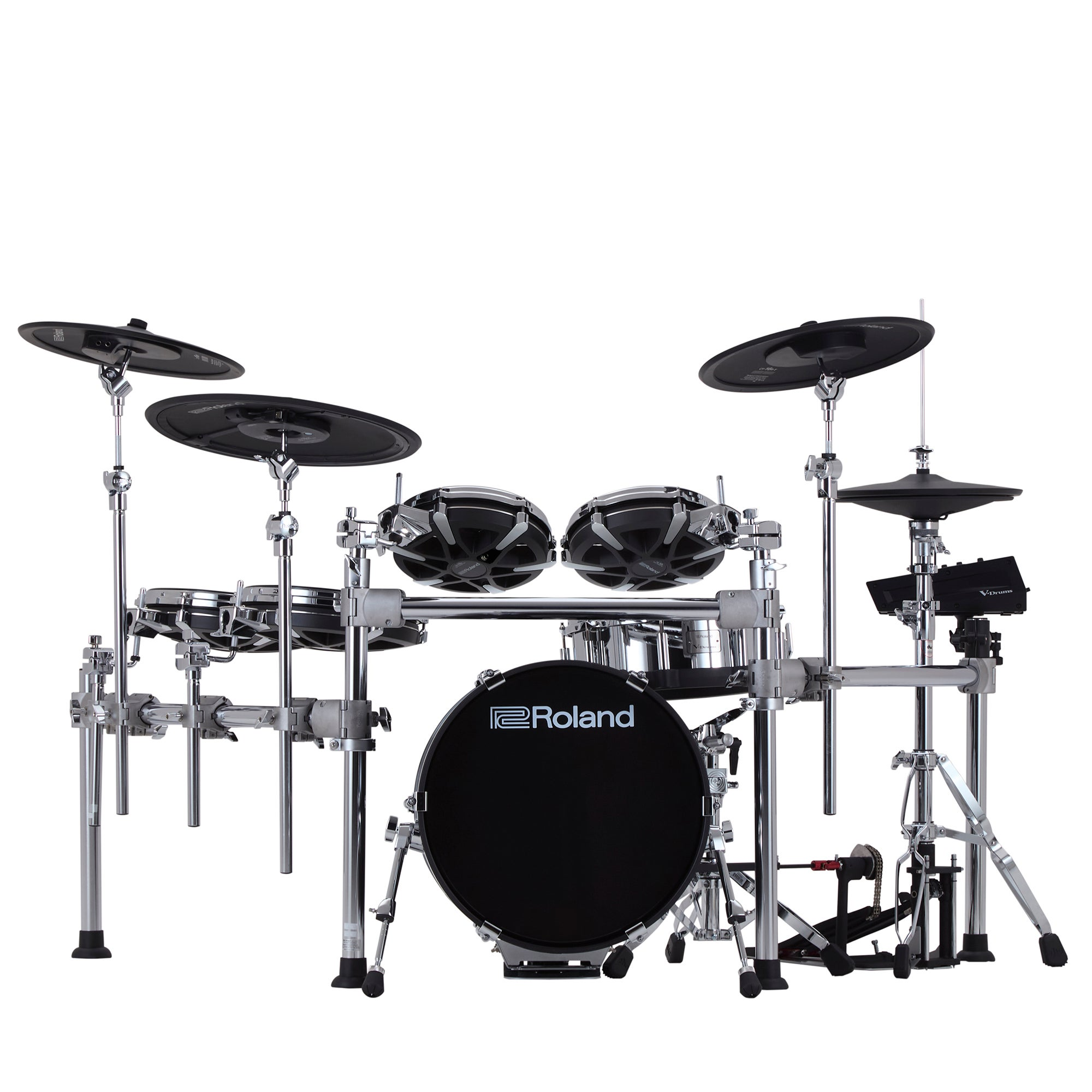 Een zwarte Roland V-Drums elektronische drumstel met zilveren statieven en cimbalen.