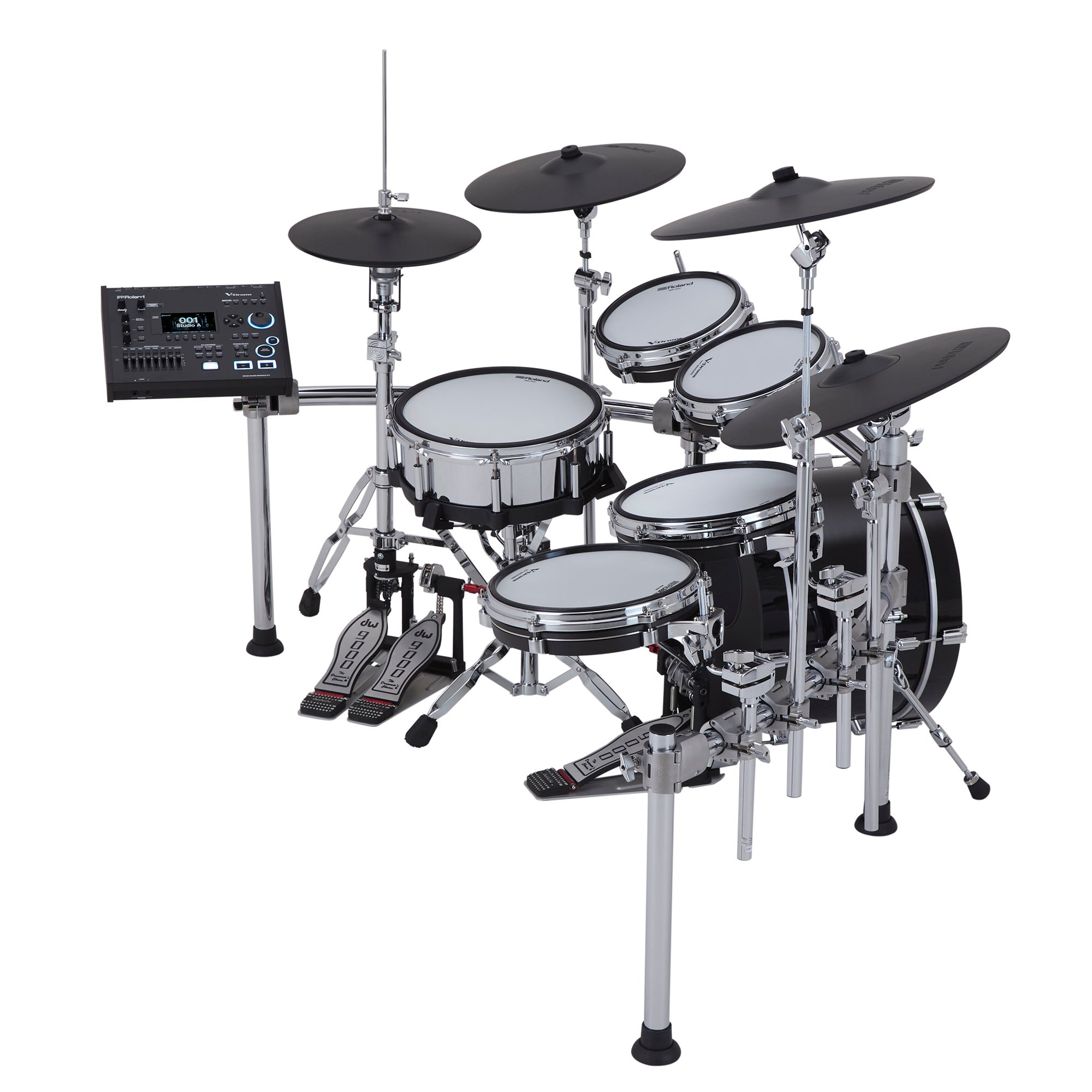 Een zwart en chroom elektronisch drumstel met bedieningsmodule en pedalen.