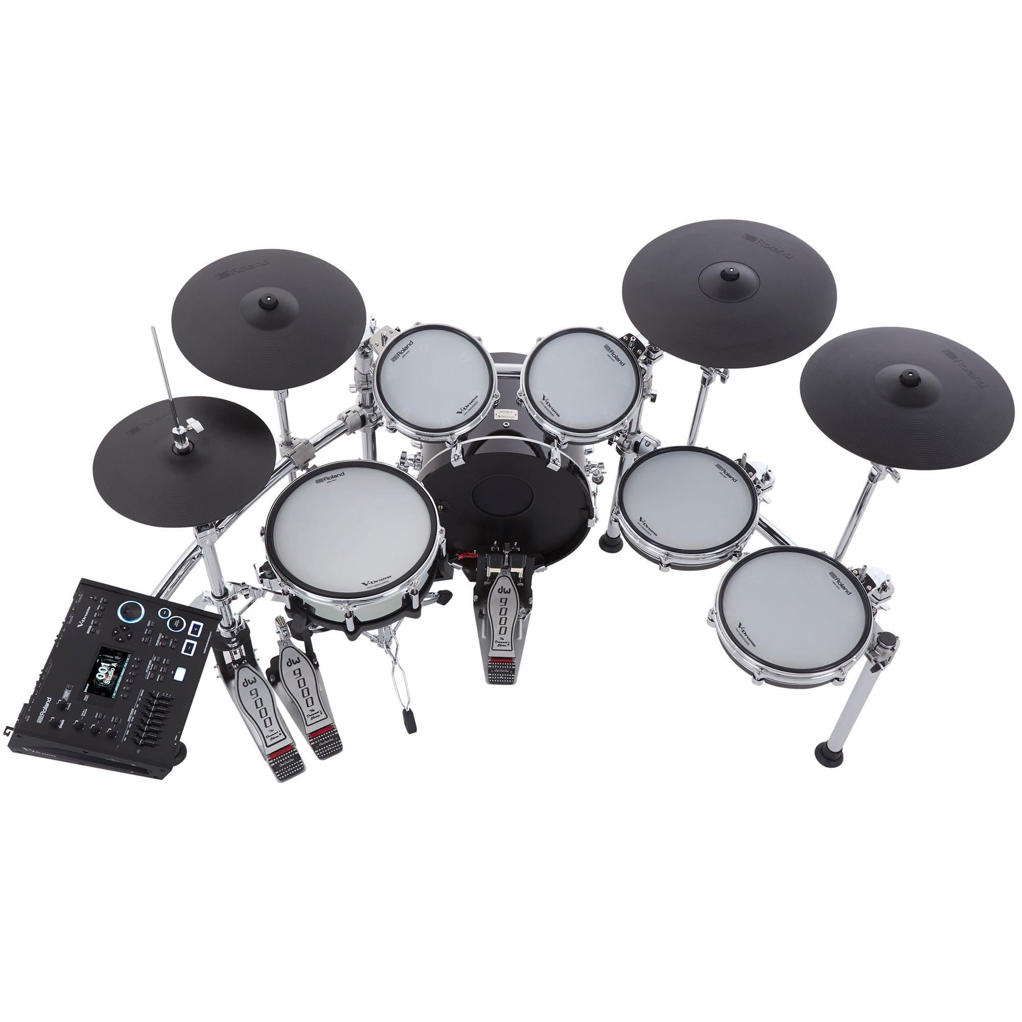 Een Roland V-Drums elektronisch drumstel met zwarte cimbalen en witte drumvellen.
