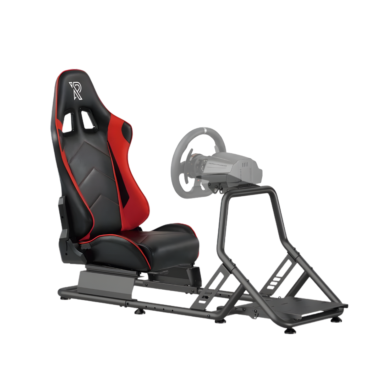 Ein schwarz-roter Rennsimulator-Sitz mit Lenkrad- und Pedalhalterung.