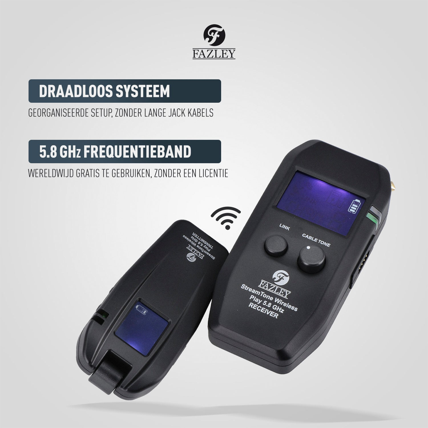 Twee zwarte Fazley StreamTone 5.8 GHz draadloze zender/ontvanger units met schermen.