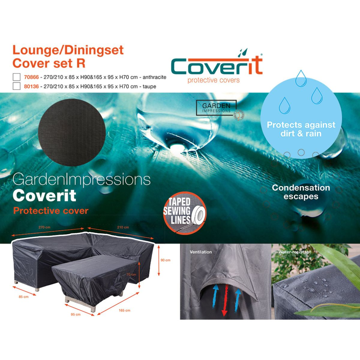 Lounge/dining set cover. Shows dimensions and protects against dirt & rain.