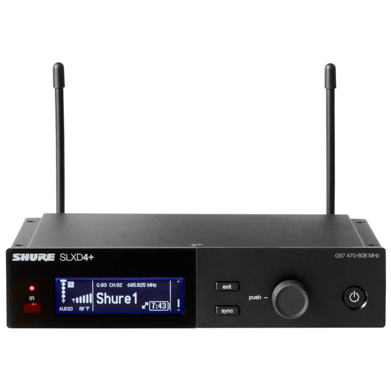 Zwarte Shure SLXD4+ ontvanger met antennes, display, knoppen en draaiknop.