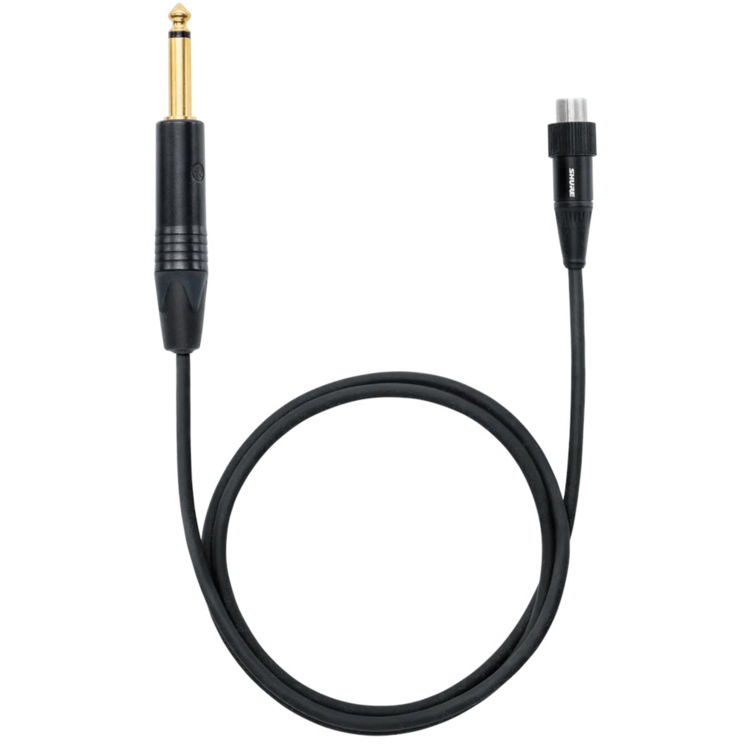 Een zwarte audiokabel met een 6,35 mm jack en een XLR-connector.