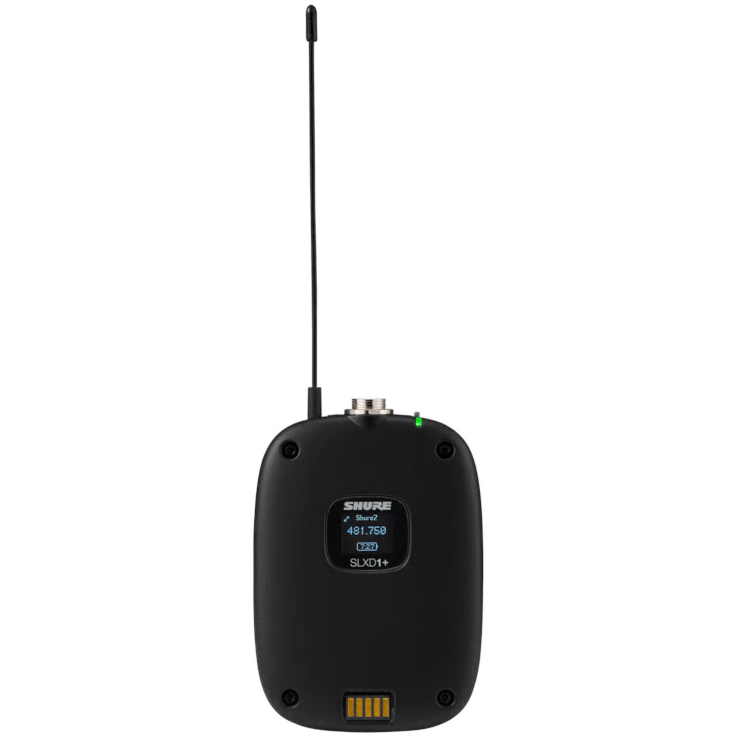 Zwarte Shure SLXD1+ draadloze zender met antenne en scherm.