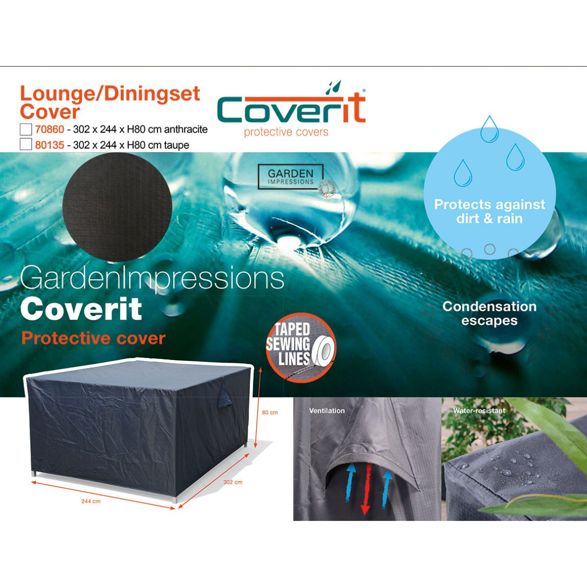 Dark grey protective cover for lounge/dining set, 302x244x80 cm.