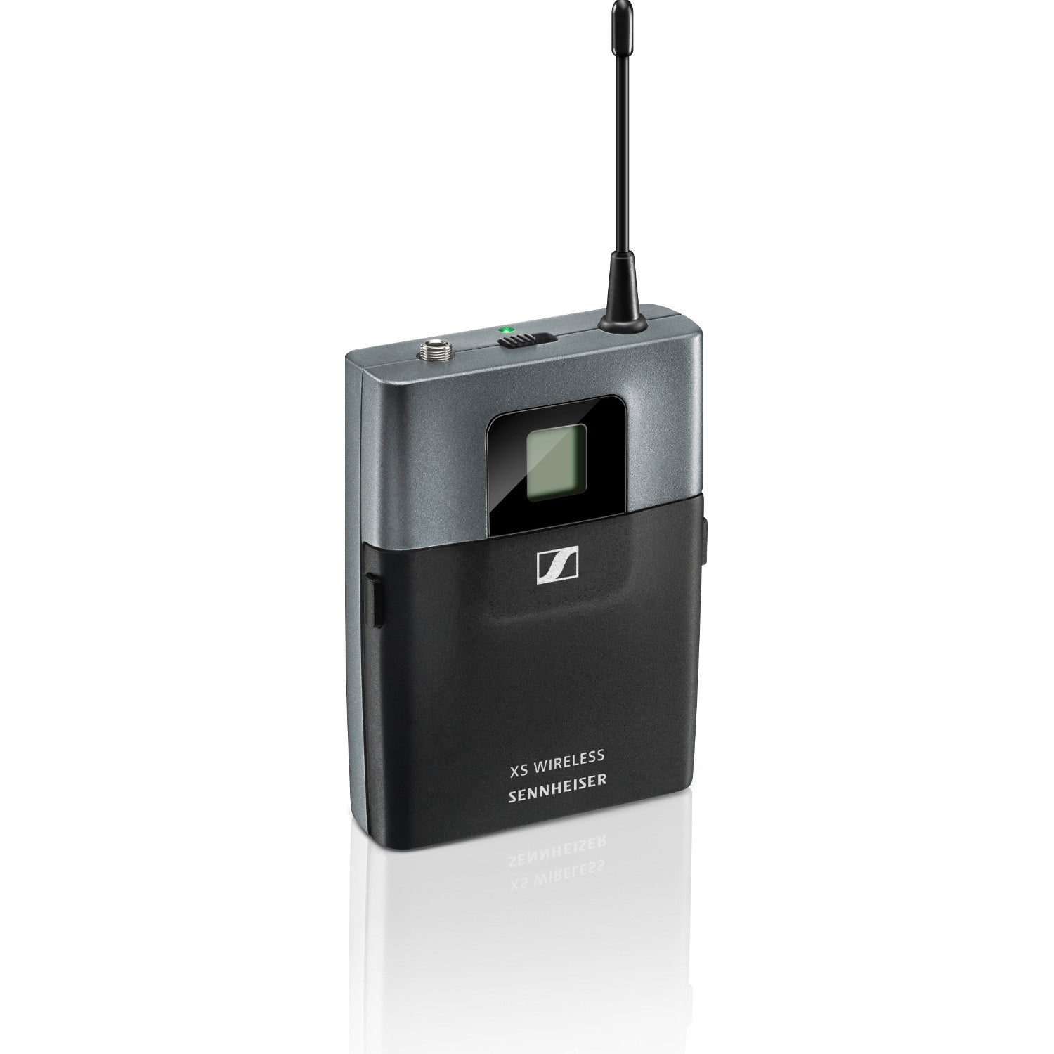 A grey and black Sennheiser XS Wireless transmitter with an antenna on a white background.