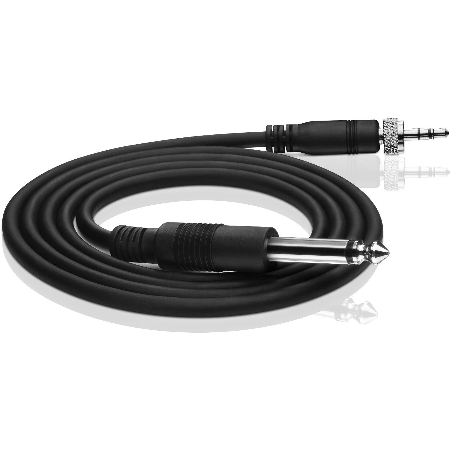 Black audio cable with two metal connectors, coiled on a white background.