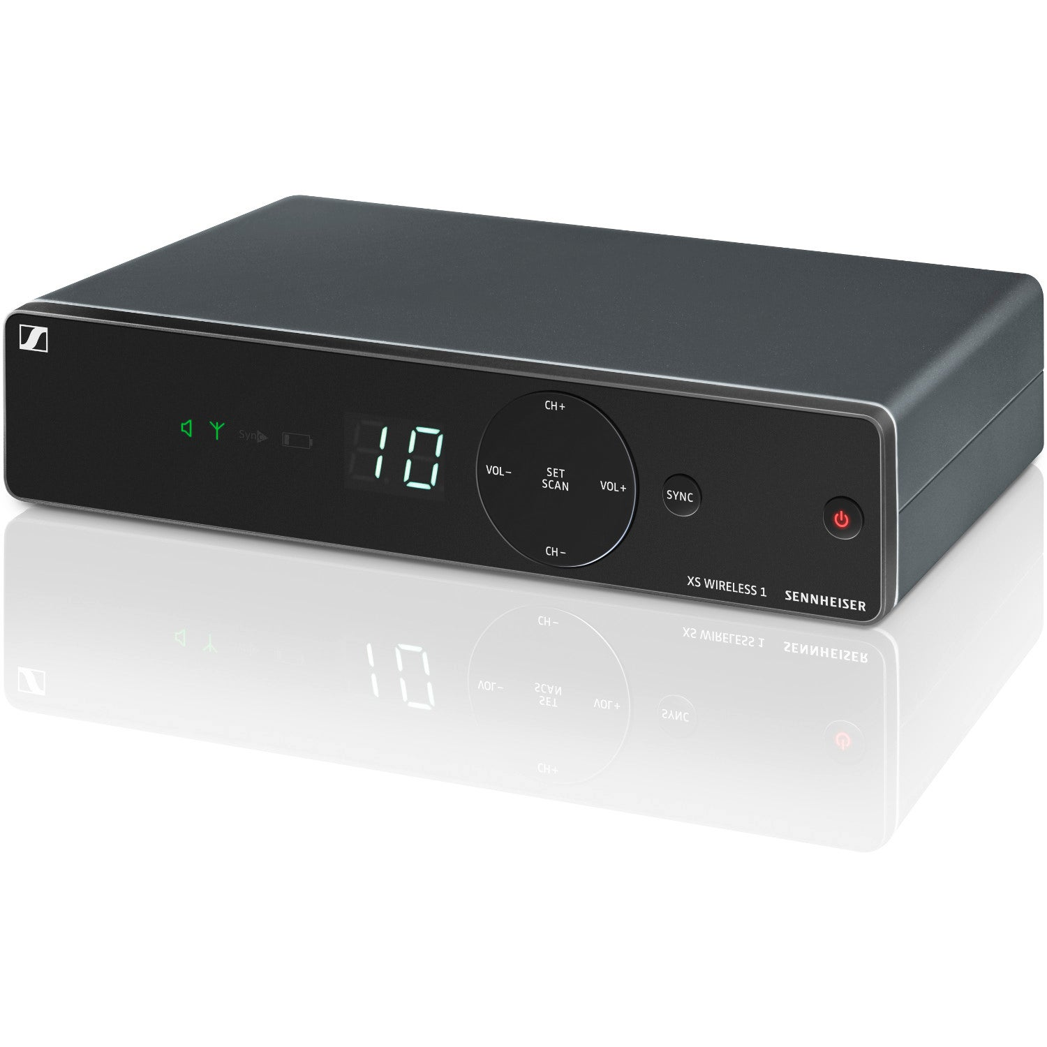 A black Sennheiser XS Wireless 1 device with a digital display and controls.