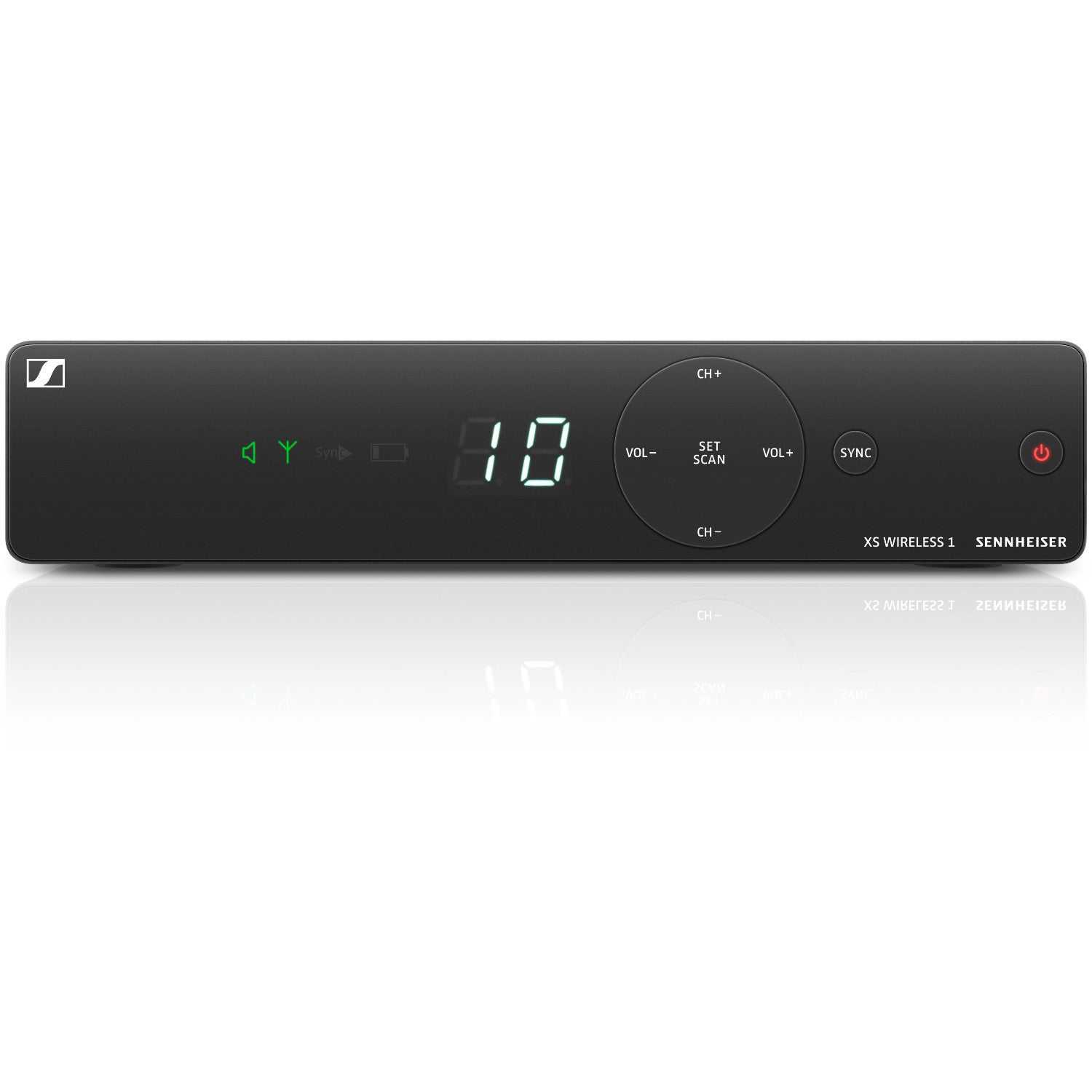 A black Sennheiser XS Wireless 1 receiver with a display and control buttons.