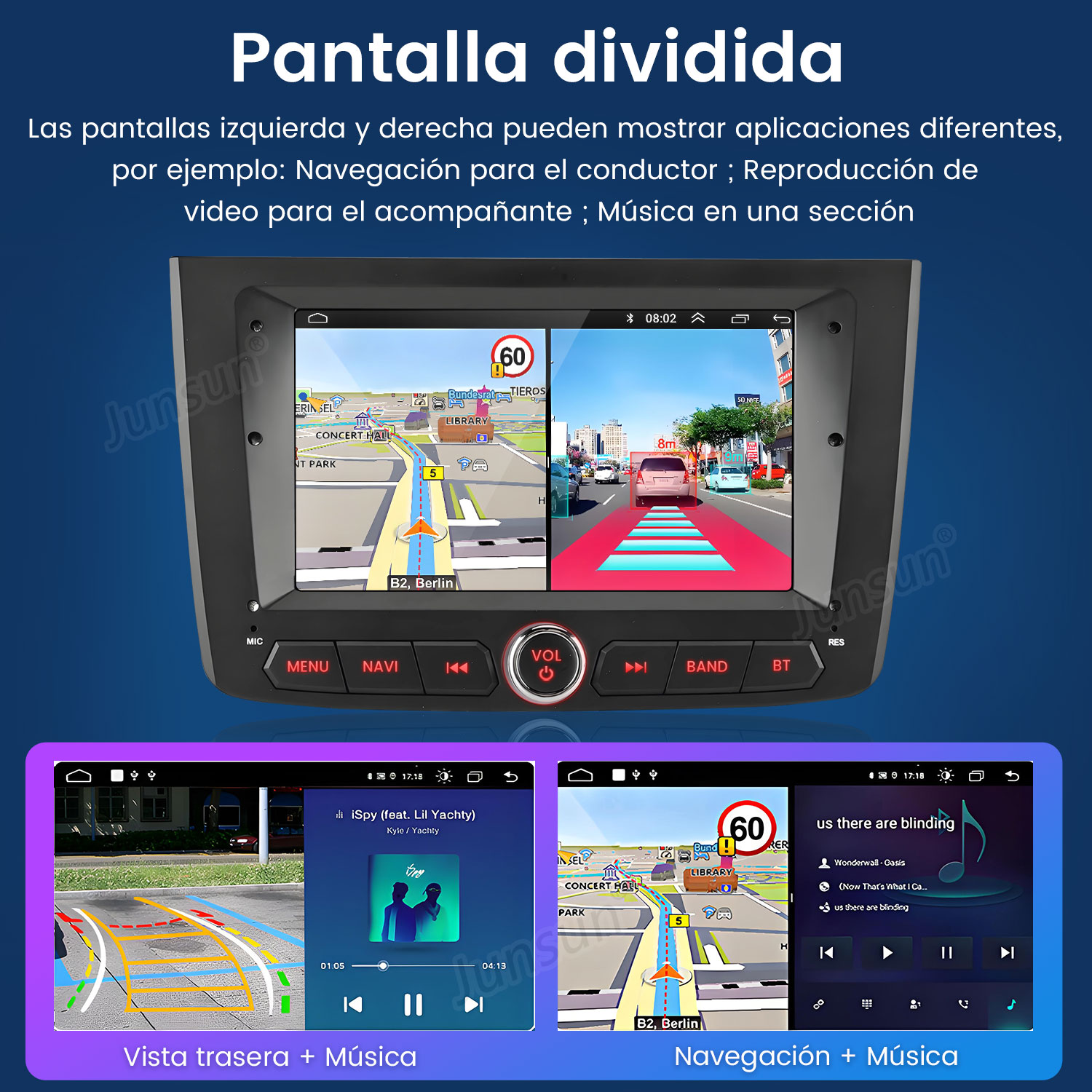 Pantalla dividida mostrando navegación, cámara trasera y reproductor.