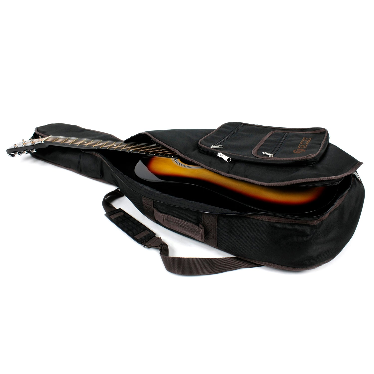 Een sunburst gitaar ligt in een open zwarte koffer op witte achtergrond.