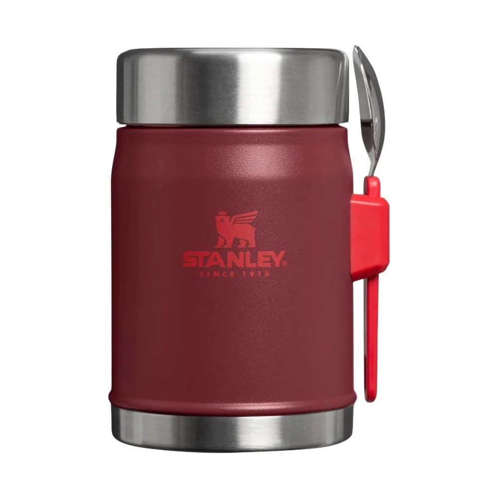 Gümüş kapaklı ve kırmızı kaşık tutuculu kırmızı Stanley termos.