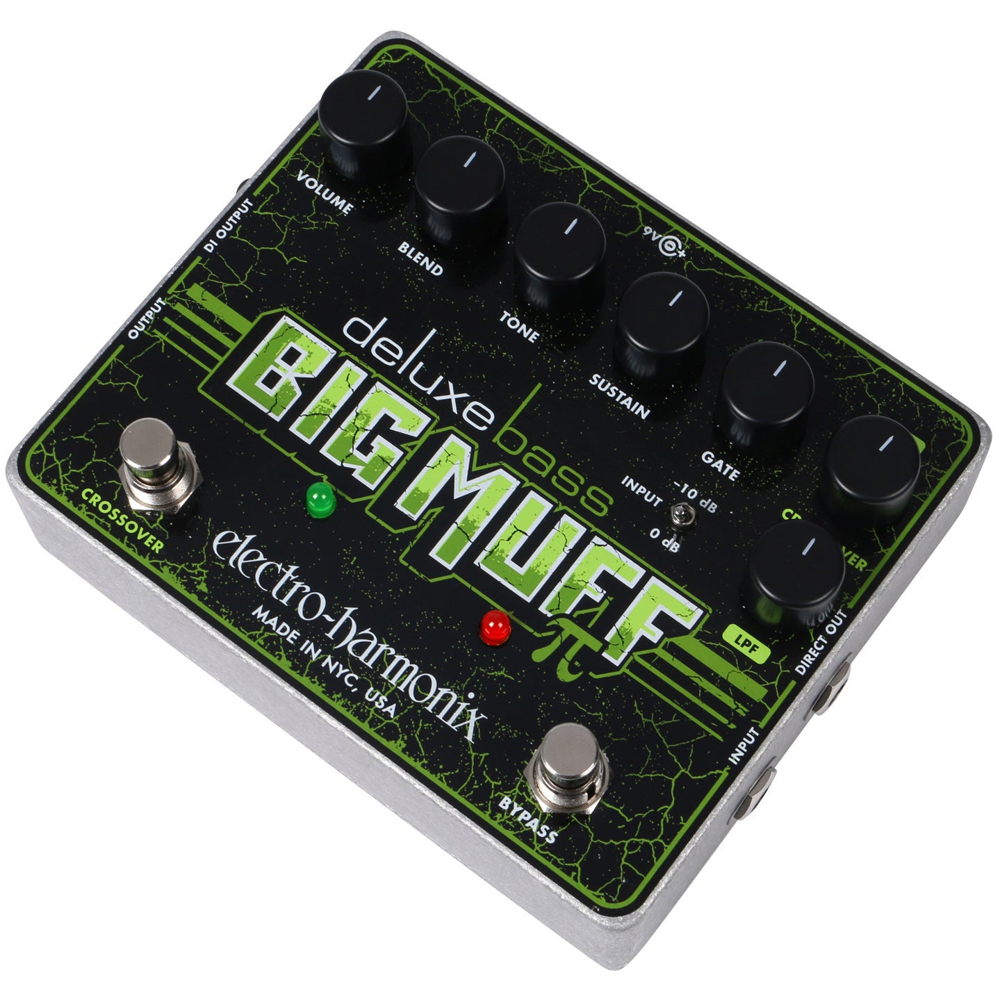 Een groen en zwart Electro-Harmonix Deluxe Bass Big Muff pedaal met knoppen.