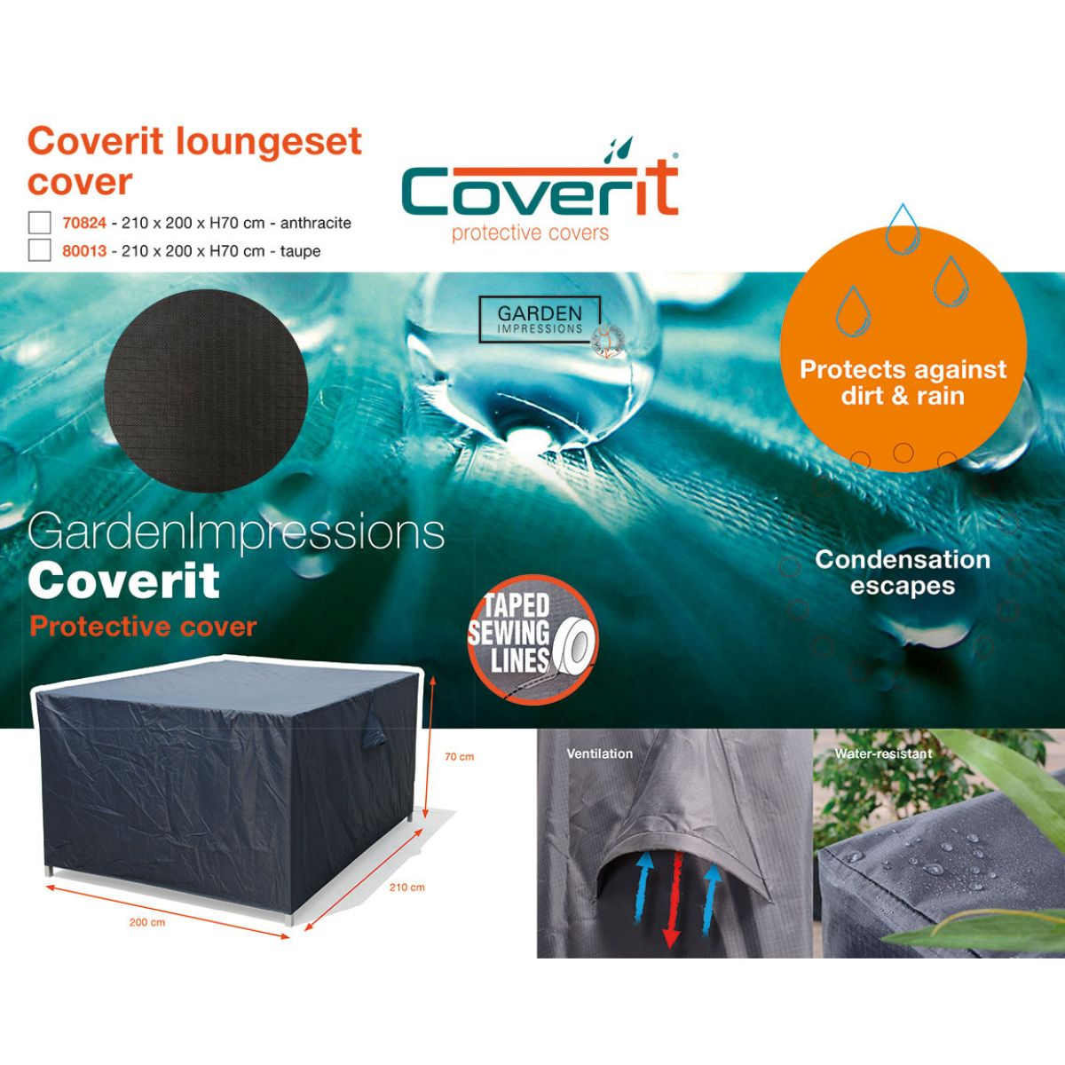 Black protective cover for garden furniture, dimensions 210x200x70 cm.