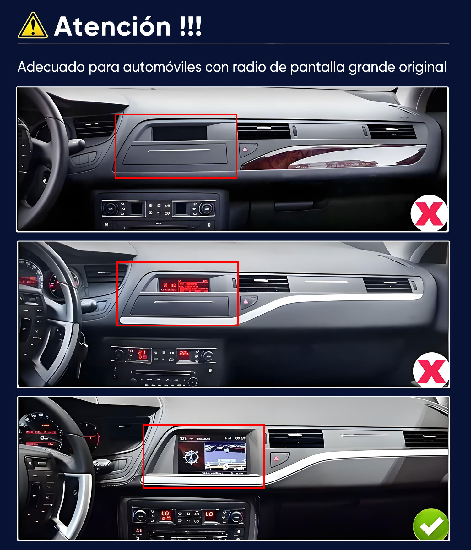 Salpicadero de coche con tres vistas. Arriba: compartimento de almacenamiento, Medio: pantalla, Abajo: pantalla de navegación.