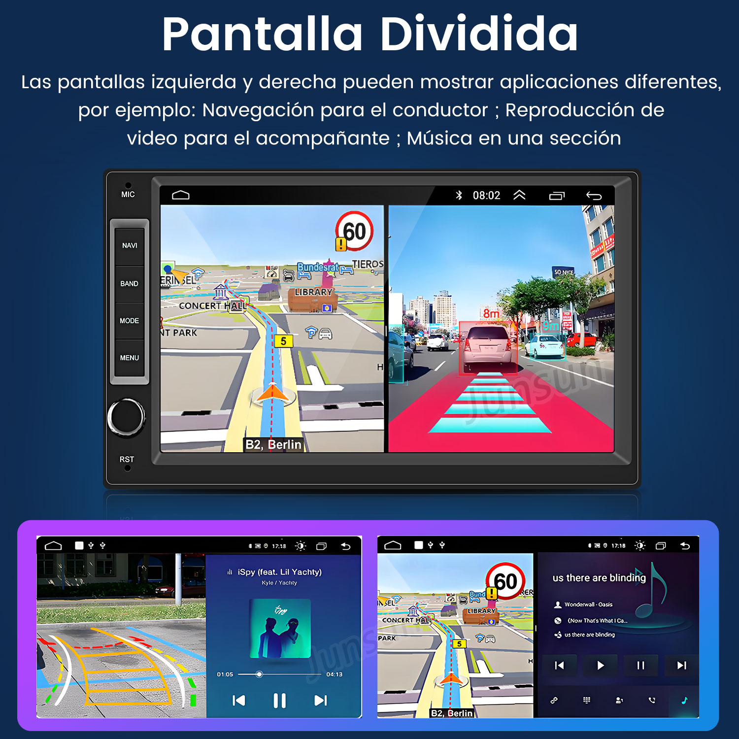 Pantalla dividida muestra navegación izquierda, reproductor música derecha.